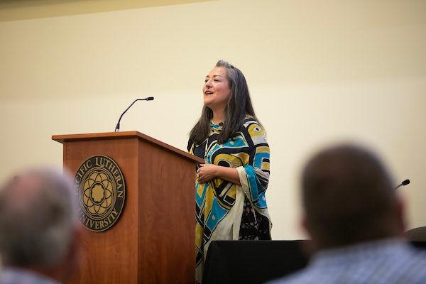 20240926_SB_Lutheran-Studies-Conference_010 Cynthia Savini leads a Healing Song during the Lutheran Studies Conference, Thursday, Sept. 26, 2024, at PLU. (PLU Photo / Sy Bean)