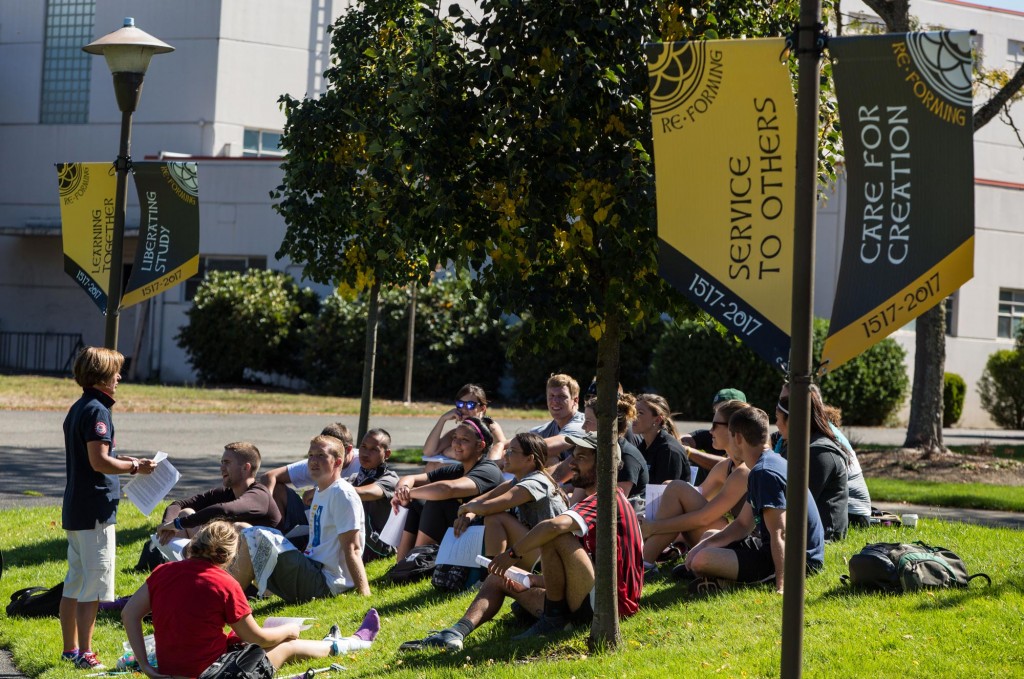 Dr. Colleen Hacker takes her class outdoors.