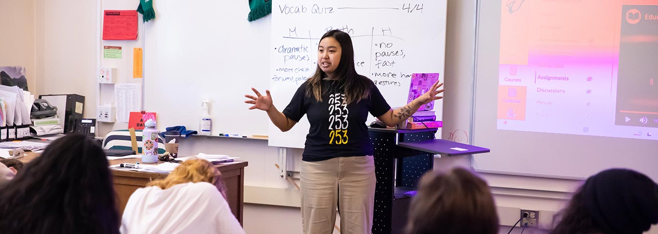 MAE student Kaelin Lor leads her World History class at Franklin Pierce High School