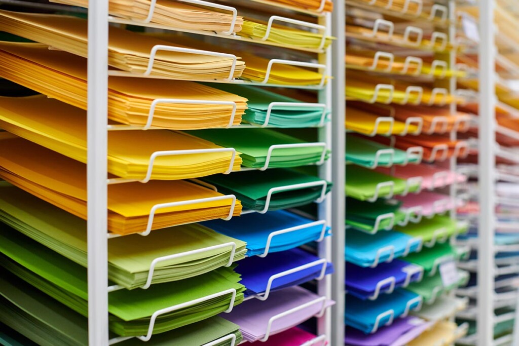 Colorful art papers on shelves, sorted by color