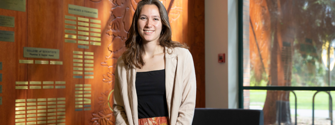 Jackie Lindstrom in the Rieke Lobby.