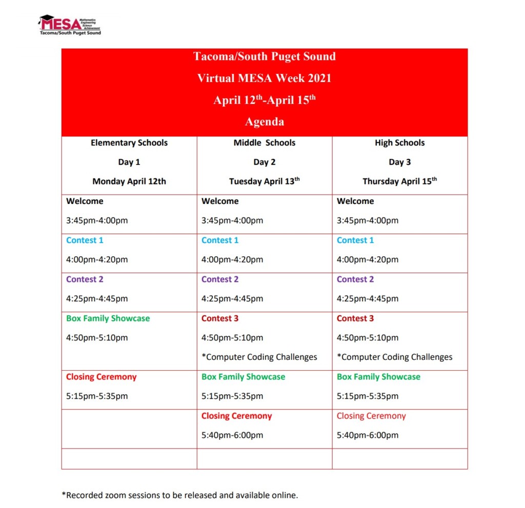 Mesa Week Schedule