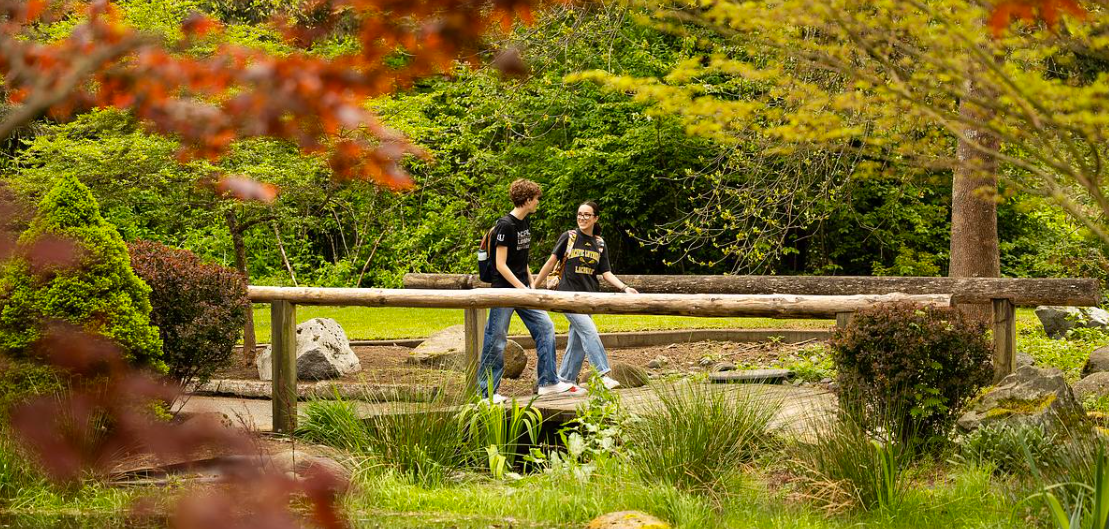 PLU students walking on lower campus.