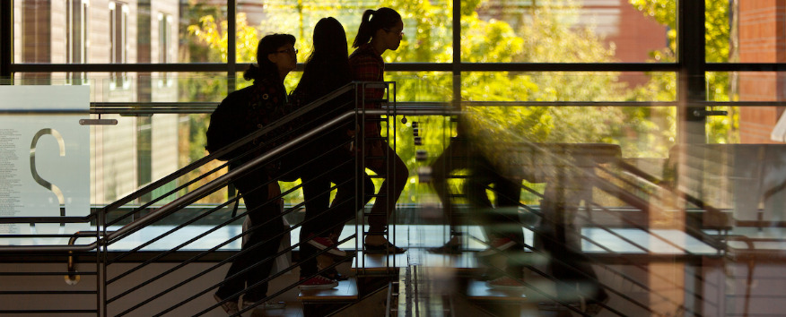 Students walking up stairs in Morken