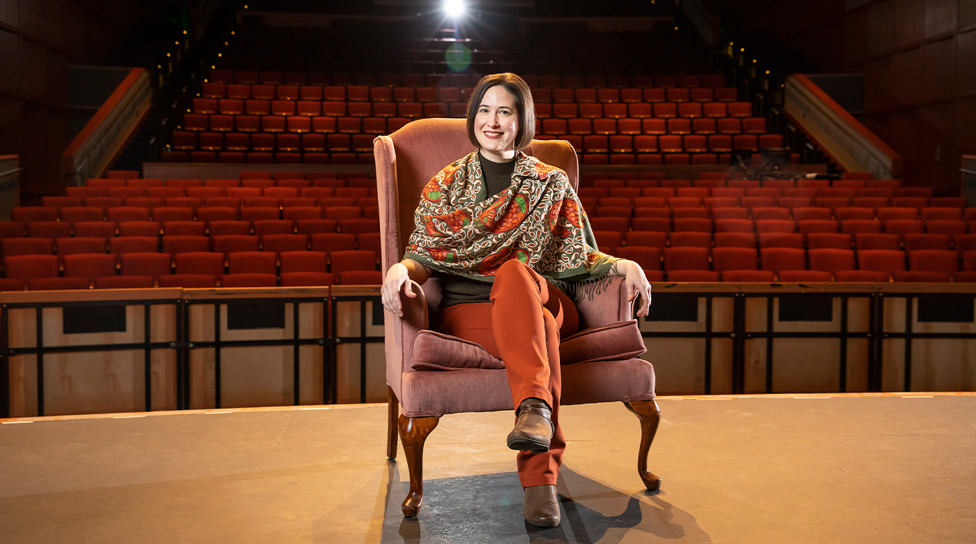 Image: Theatre Professor Amanda Sweger in Karen Hille Phillips Center for the Performing Arts. (PLU Photo/Sy Bean)