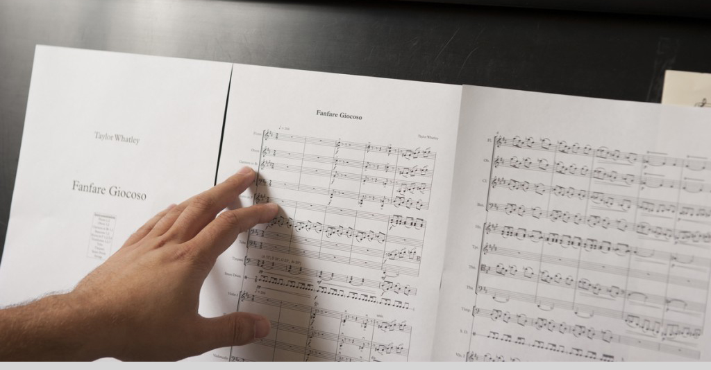 Taylor Whatley works with Prof. Greg Youtz in Mary Baker Russell Music Center at PLU on Monday, Oct. 6, 2014. (Photo/John Struzenberg)