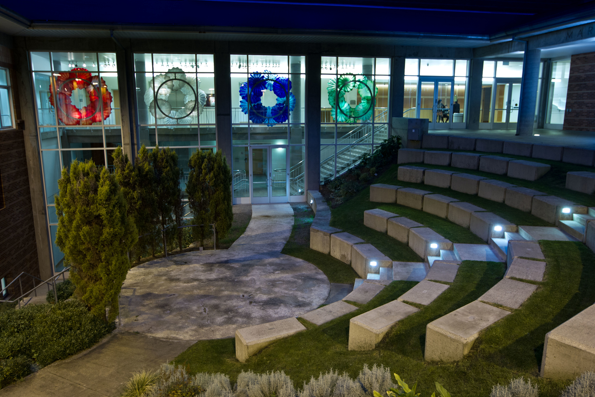 Mary Baker Russell amphitheater with Dale Chihuly Roses behind at PLU on Wednesday, Oct. 19, 2011.