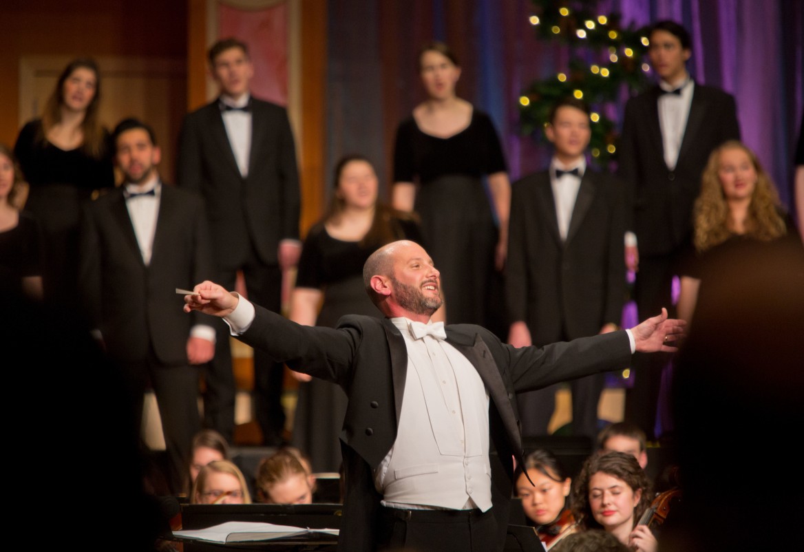 Brian Galante conducting the PLU Christmas featuring Angela Meade with the Choir of the West, the University Chorale and the University Orchestra at PLU on Friday, Dec. 11, 2015. (Photo: John Froschauer/PLU)