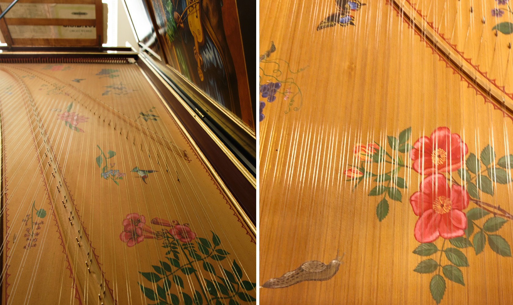 Detail shot of the harpsichord sound board with nature motifs painted on it.