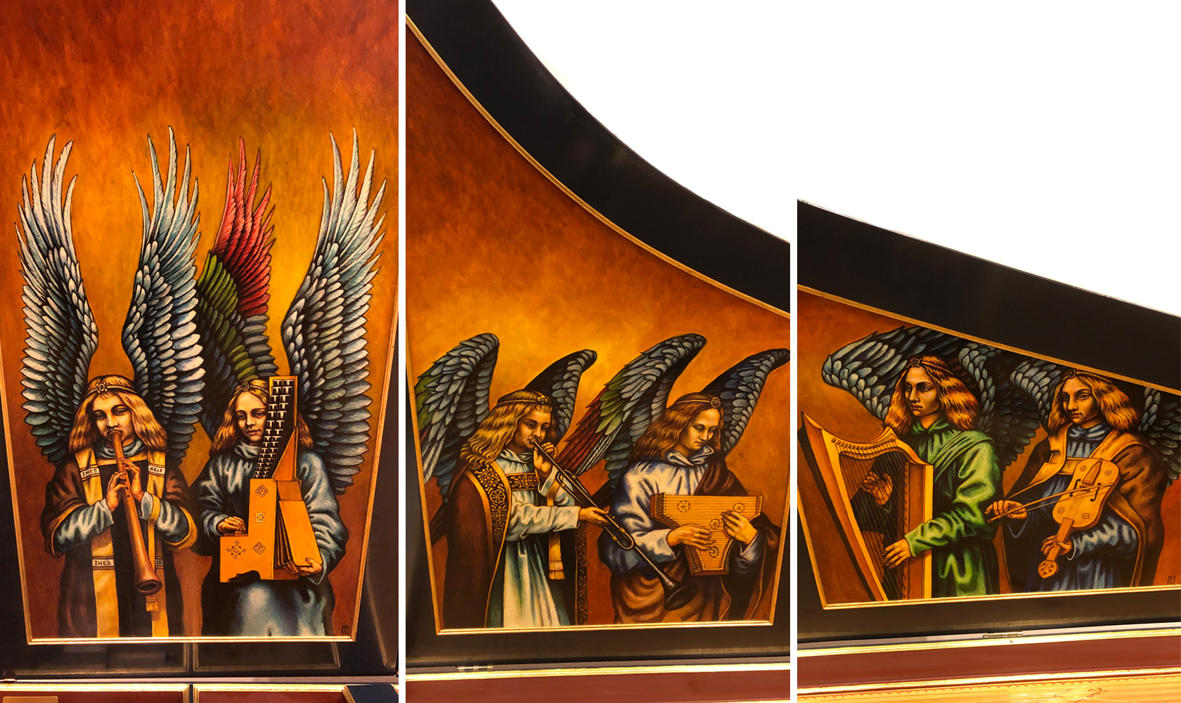 Detail image of the Pilgrim harpsichord with six angels, each playing an instrument.
