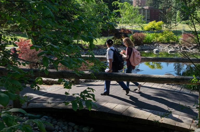 students walking over pond bridge