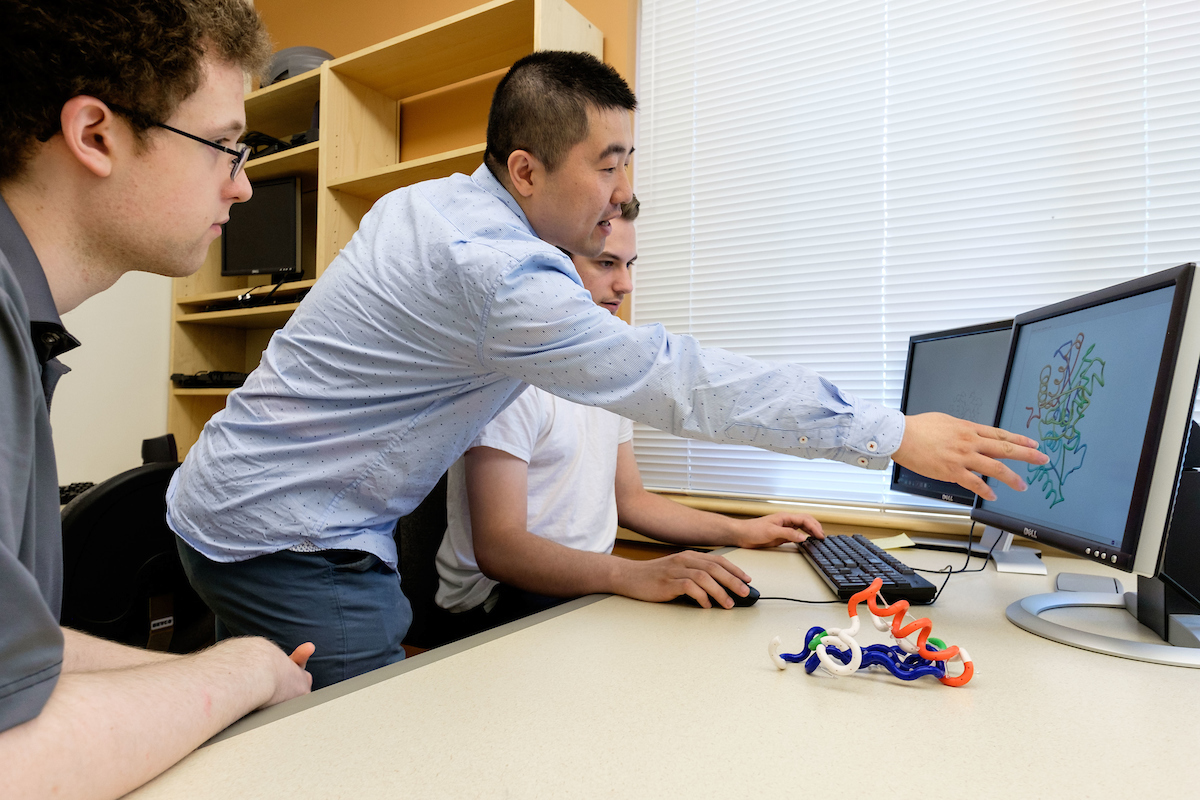 Prof. Rhenzi Cao works on a summer research project with computer science majors' Matthew Conover ’19 and John Smith '19. on applying machine learning to bioinformatics at PLU