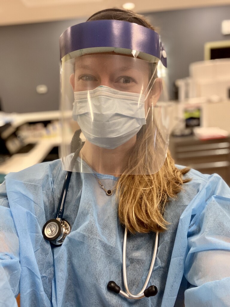 Chrissy Boaglio ‘14 works as a physician assistant to administer COVID-19 tests. Patients are swabbed, then sit in their car to await results of their test, which are delivered within about 15 minutes. She sees up to 70 patients per day, and about 80 percent come back positive.