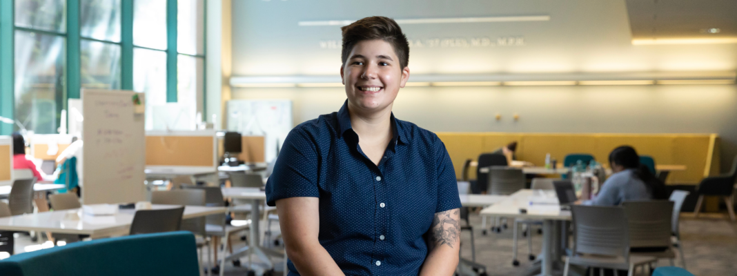 Image: PLU Biology major Ash Bechtel poses for their Senior Spotlight portrait, Thursday, May 9, 2024, at PLU. (PLU Photo / Sy Bean)