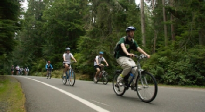 First-year students go biking around Point Defiance Park as part of On The Road.