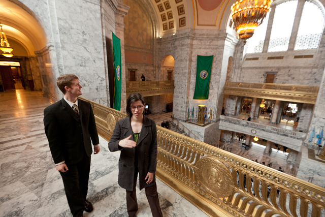 Robert Lynam ’12 and Bridgette Cooper ’11 had a front-row view this year on how laws in Olympia are really made. (Photo by John Froschauer)