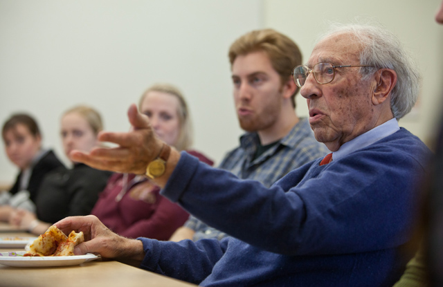 Nobel Prize laureate Edmond Fischer talks to PLU chemistry and biology students about the joys and frustrations of research work last Friday, May 6. (Photo by John Froschauer)