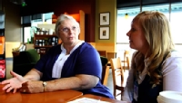 Pacific Lutheran University student nurse Kelsey Carlson 25 (R), talks with patient Elaine Streich 63, (L) at a local coffee shop as part of Carlson home care assignment. (Photo by Gilbert Arenas)