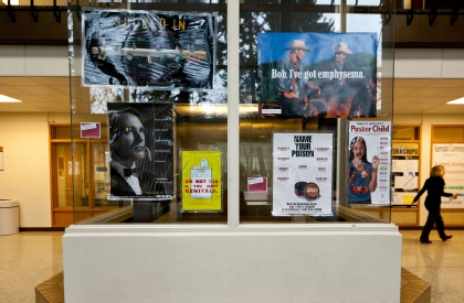 Posters illustrating the negative outcomes of tobacco use are displayed throughout campus. PLU becomes a tobacco-free campus starting in June.