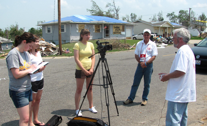 MediaLab’s Overexposed team (Hailey Rile ’12, Katie Scaff ’13, and Elizabeth Herzfeldt-Kamprath ’12) interviews retired disaster coordinator Ron Harmon in Joplin on Sunday, June 5, two weeks after the tornado hit.