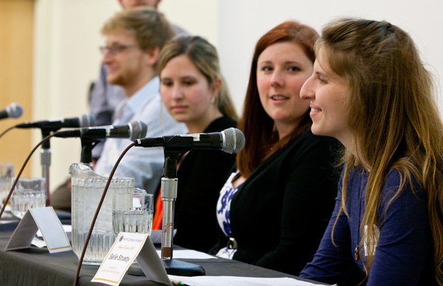 Austin Goble ’09, Ruth Tollefson ’09, Raechelle Baghirov 05, listen while Sallie Strueby ’11, speaks during an Alumni panel discussion on service opportunities at PLU on Thursday, March 22, 2012. (Photo by John Froschauer)