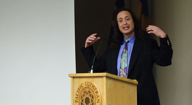 Michael Pavel, Skokomish Nation tribal member and Professor of Education Studies at the University of Oregon, gives the keynote address for Earth Day at PLU. (Photos by Theodore Charles ’12)