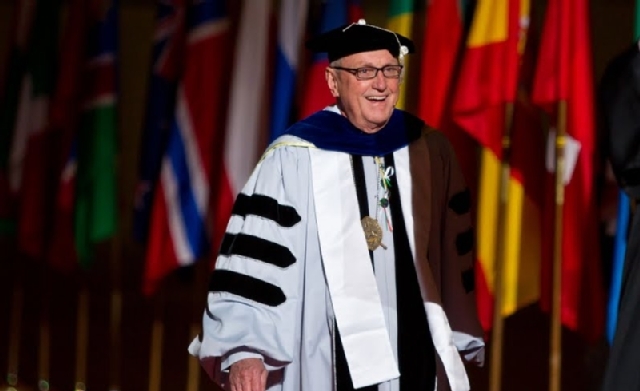 President Loren J. Anderson enters the Tacoma Dome to give his last commencement address on Sunday, May 27, 2012. (Photo by John Froschauer)