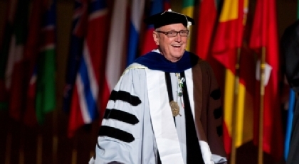 President Loren J. Anderson enters the Tacoma Dome to give his last commencement address on Sunday, May 27, 2012. (Photo by John Froschauer)