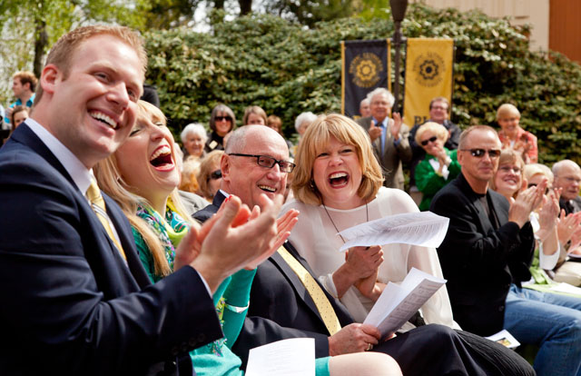 Loren and MaryAnn Anderson (far right) react to the unveiling of a bronze bust of President Anderson in front of the University Center, which was rededicated to the Andersons and their 20 years of service to PLU. In the foreground are Maren (Anderson) Johnson ’09, and her husband, Elliott Johnson ’07. (Photos by John Froschauer)