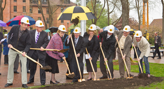 John Korsmo ’84, President Loren J. Anderson, Sigrunn Ness, Kaare Ness, MaryAnn Anderson, Bruce Bjerke ’72 – chair of the Board of Regents, Bob Katica – BCRA Design, and Jordan Beck ’12 turn the dirt for the groundbreaking of phase II of the Karen Hille Phillips Center for the Performing Arts. (Photos by John Froschauer)