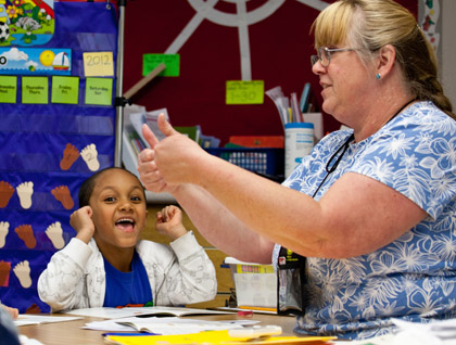 Gretchen Saunders '04 in her kindergarten class at James Sales Elementary.