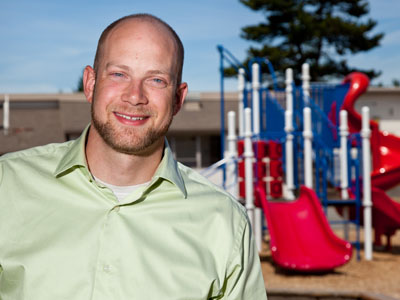 Joel Zylstra, PLU’s new director of The Center for Community Engagement and Service, at James Sales Elementary School, one of three schools where he is developing a mentoring program.