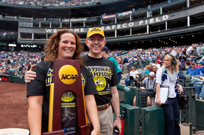 Thomas W. Krise joined PLU softball Head coach Erin Van Nostrand and the team at Safeco Field to celebrate the team’s national championship with the first pitch of a Seattle Mariner’s game.