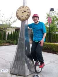 Tyson Bendzak ’10 clowns around at Nike before leaving for the Olympics in London. Persistence, passion and his skills on a unicycle paid off for the alum, who majored in physical education.(Photo provided by