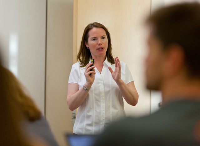 Visiting Assistant Professor Rosalind Billharz teaches a nursing class on pathophysiology this summer at PLU. (Photo by John Froschauer)