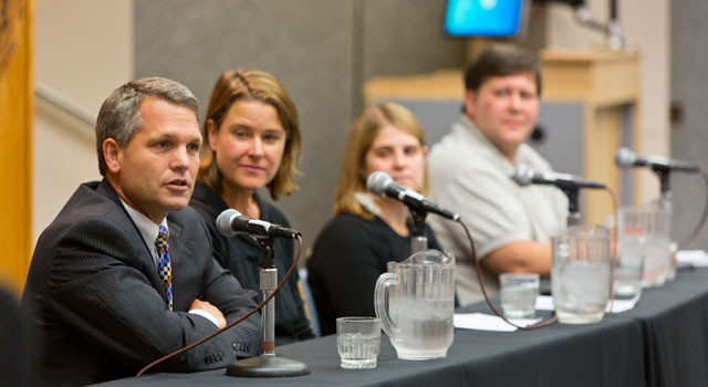 Alumni Kevin Anderson ’80, Holly Foster ’96, Andrea Sander ’05, and Stephen Alexander shares their thoughts on vocation during the Meant to Live conference’s alumni panel. (Photo by John Froschauer)