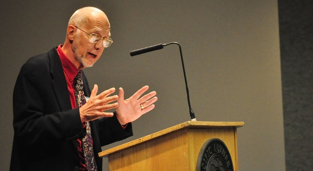 The Reinhold Neibuhr Professor Emeritus of Social Ethics at Union Theological Seminary in New York, Larry Rasmussen gives the keynote address during the Lutheran Perspectives on Political Life. (Photos by Jesse Major ’14)