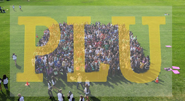 Freshmen on Foss Field with a PLU overlay