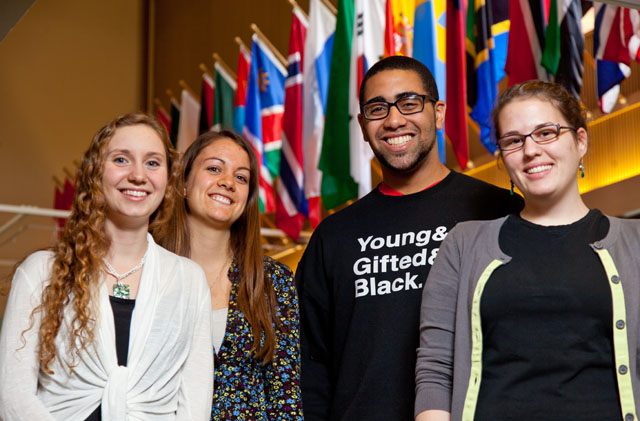 Carolyn Hylander ’12, Caitlin Walton ’12, Mycal Ford ’12 and Gretchen Elyse Nagel ’12 received Fulbright Student Fellowships. (Photo by John Froschauer)