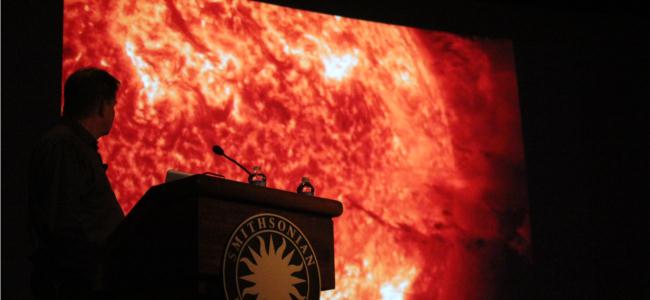 Pål Brekke giving a lecture at the Smithsonian Institution earlier this year. He will lecture at PLU on Thursday at noon about the connection between the Sun and the Northern Lights.