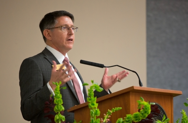 PLU President Thomas W. Krise talks about the importance of sustainability at the university after signing the American College and University Presidents’ Climate Commitment agreement in October. (Photos by John Froschauer)