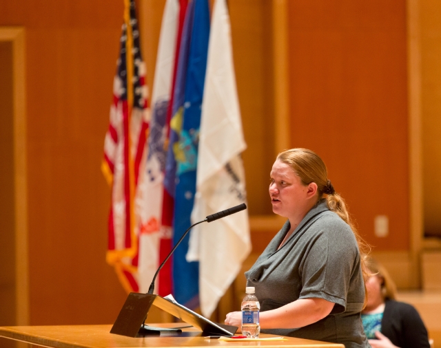 Leannna Davis, President of the Student Veterans Association, and who served in the US Air Force, talks about the importance of duty and integrity. (Photo by PLU Photographer, John Froschauer).