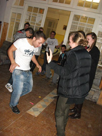 Amy Olson (right) dancing battling a student. He was clearly a better dancer than her, Olson said.