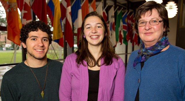 Bruno Correa ’15 and Anna McCracken ’14 will represent PLU as Peace Scholars, accompanied by Claudia Berguson, the Svare-Toven Professor of Norwegian and Scandinavian Studies at PLU, at the Nobel Peace Prize Forum March 8-10 in Minnesota. (Photo by John Froschauer)