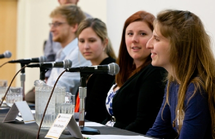 Austin Goble ’09, Ruth Tollefson ’09, Raechelle Baghirov 05, listen while Sallie Strueby ’11, speaks during an Alumni panel discussion on service opportunities at PLU on Thursday, March 22, 2012. (Photo by John Froschauer)