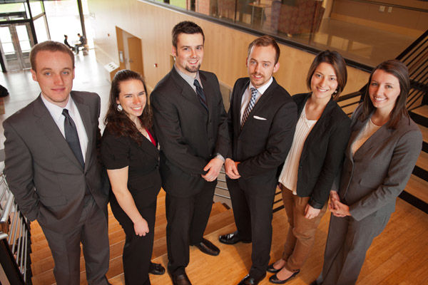 Six business students participated in the 2013 International Collegiate Business Strategy Competition this spring. From left to right: Zach Grah, Jordan Dahms, Cameron Holcomb, Arne-Morten Willumsen, Iren Atemad and Karrie Spencer. Photo by John Froschauer.
