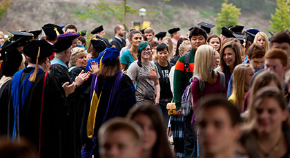 New students are greeted by faculty during convocation.