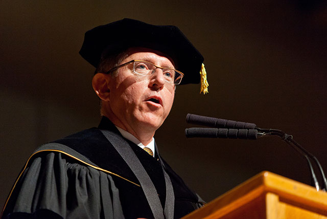 PLU President Thomas W. Krise welcomes new and returning students and faculty during opening Convocation. (Photos by John Froschauer)