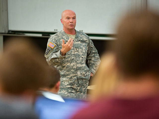 Maj. Gen. Kenneth R. Dahl, the Deputy Commanding General of I Corps, Joint Base Lewis-McChord, talks to students as part of the MBA Executive Leadership Series. (Photos by John Froschauer)