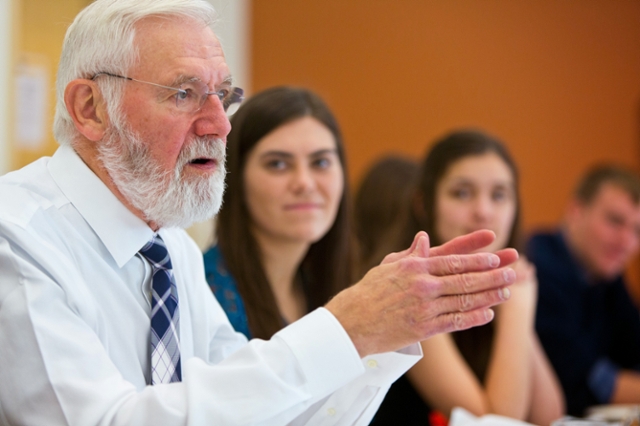 Dr. William Foege ’57 told students during his visit to campus to find their passion and become a “generalist” as well. (Photo by John Froschauer)